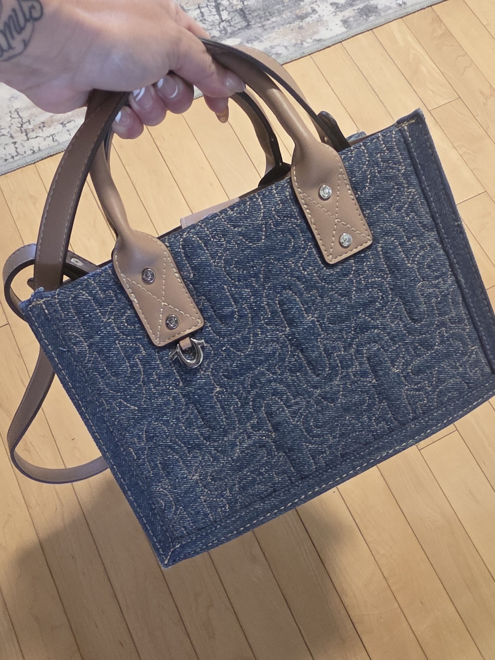 True Religion Denim Satchel with Taupe Leather Handles